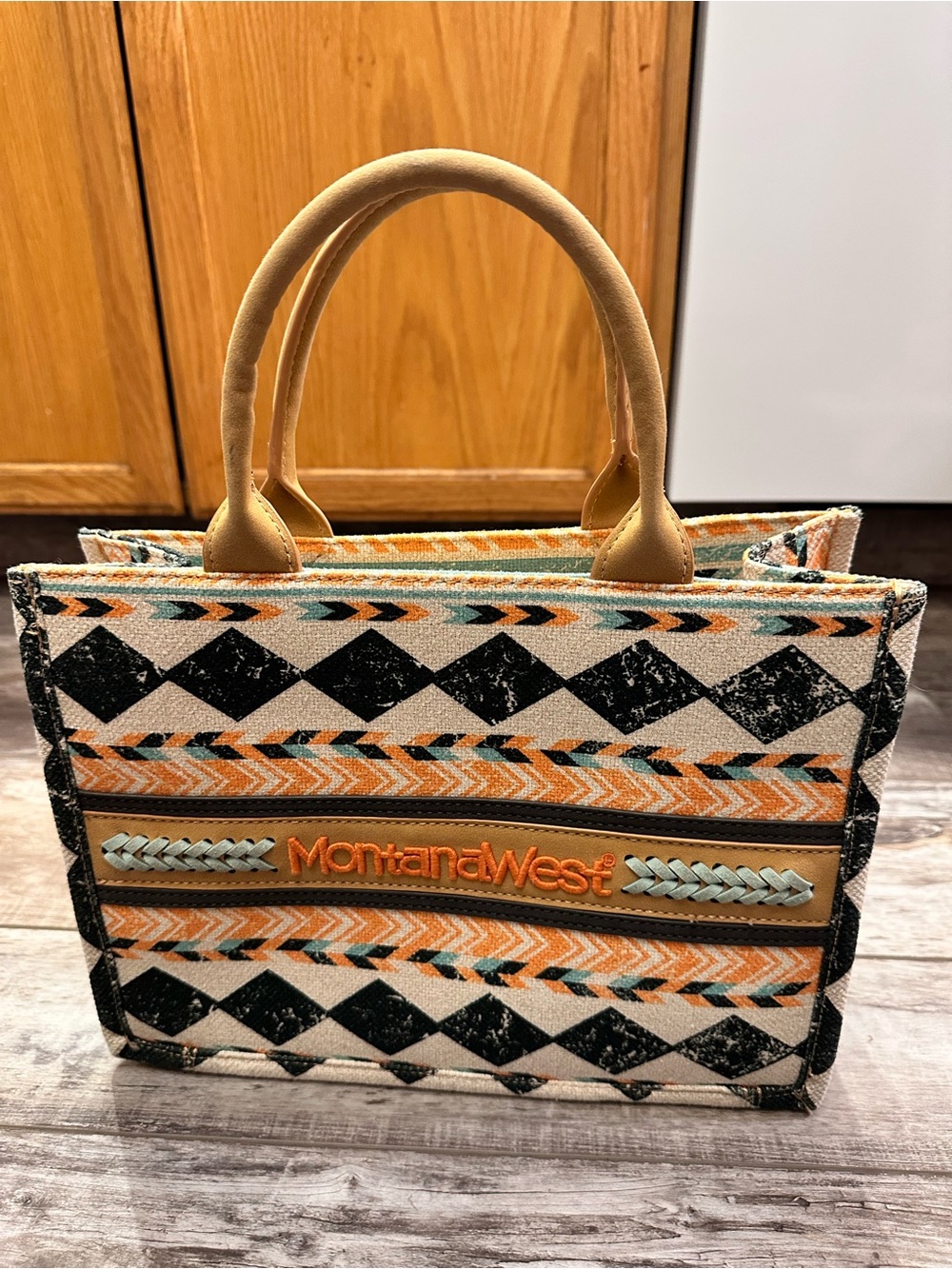 Montana West Orange, Tan & Black Geometric Canvas Tote